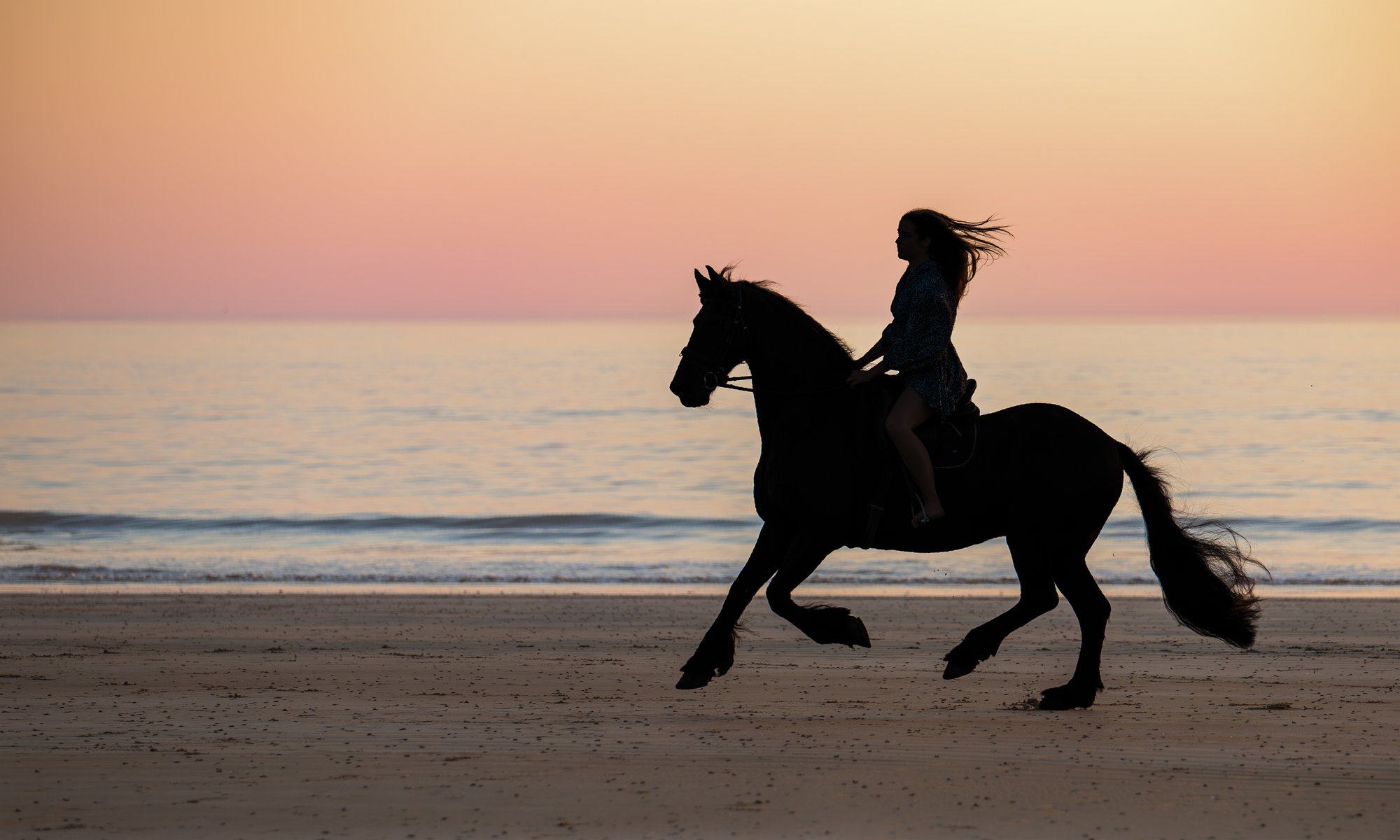 Silhouette d'une femme à cheval au galop sur la plage au coucher du soleil